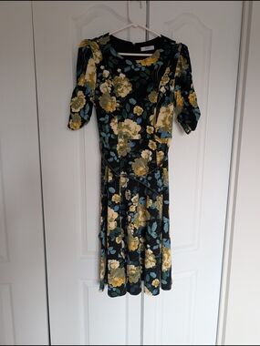Suzy Shier Black Midi Dress with Yellow and Teal Floral Print